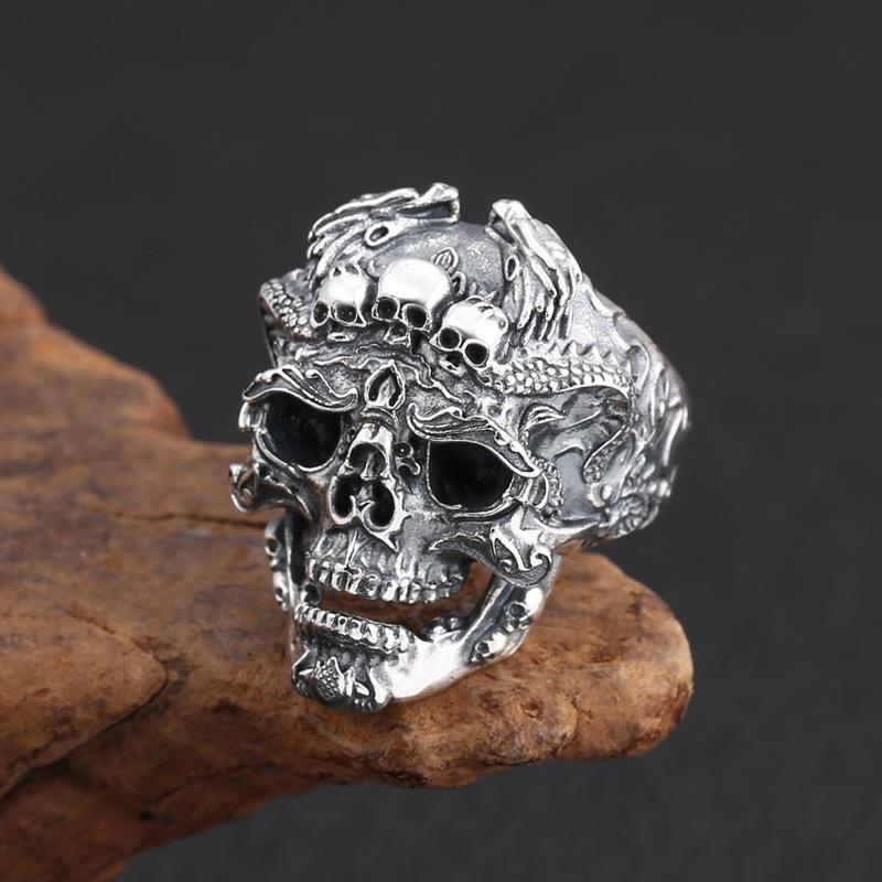 Wholesale Retro exaggerated skull men's open adjustment ring